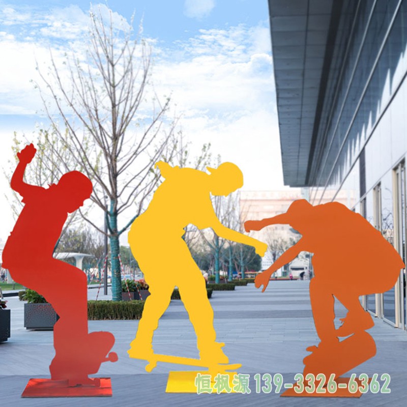 彩色不锈钢剪影滑板人物 公园抽象运动人物雕塑