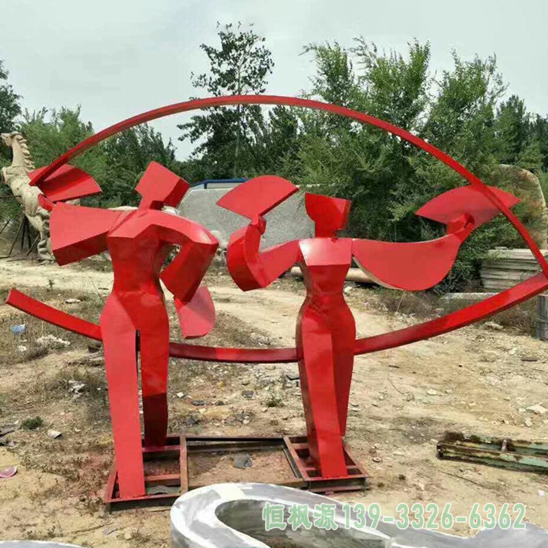 不锈钢抽象跳扇子舞的人物雕塑,公园景观摆件
